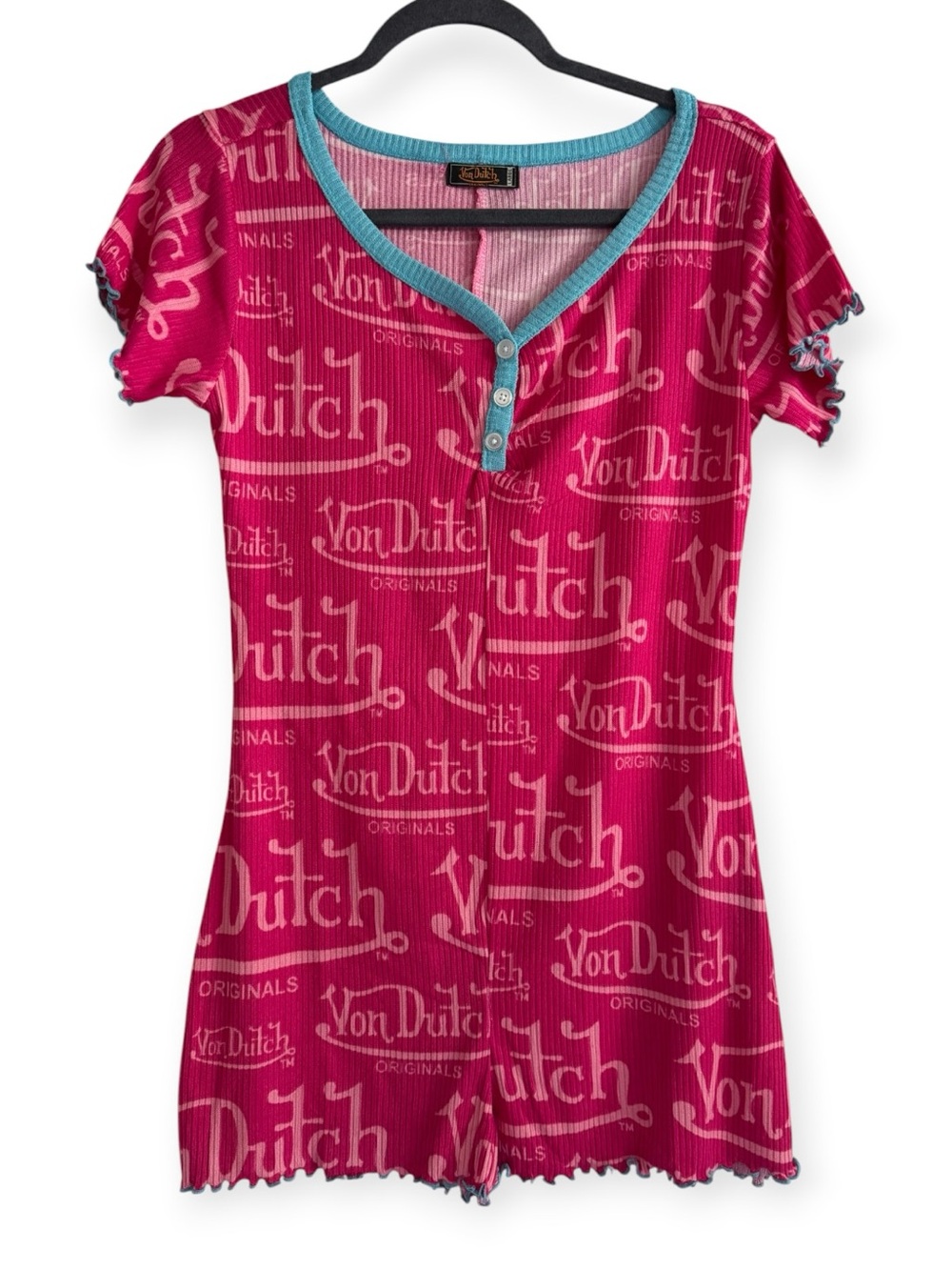Von Dutch Ribbed Henley Top Short Sleeve Pink Blue Trim Y2K Shirt Size Large